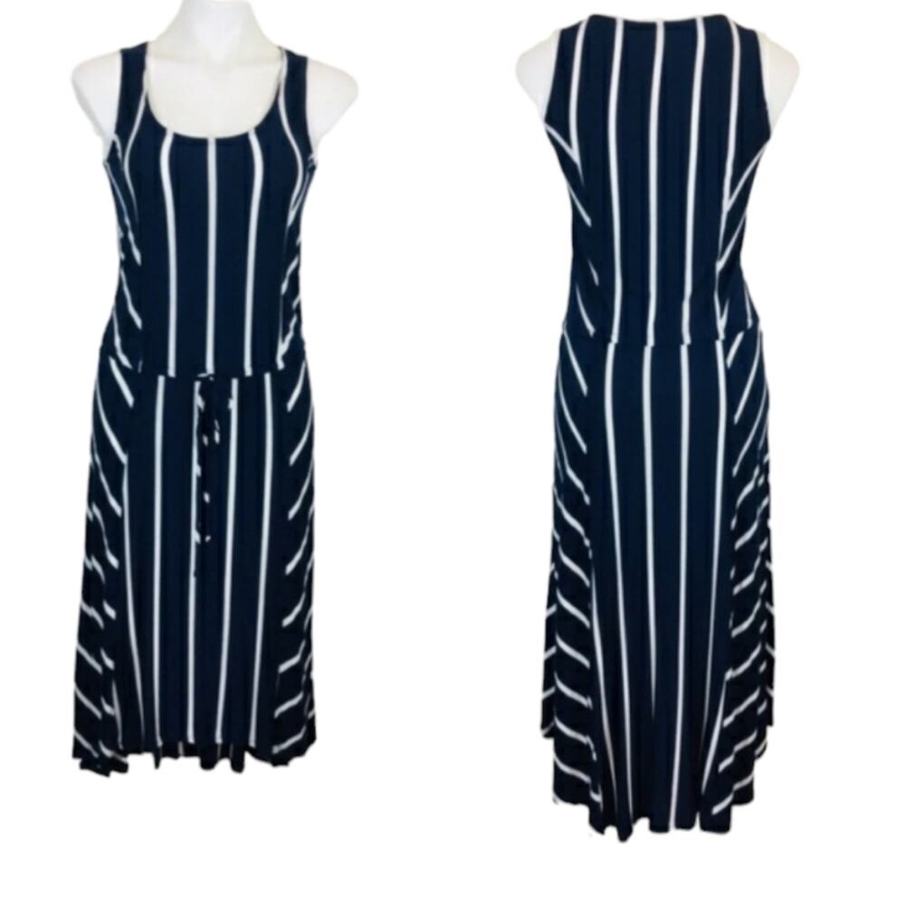 Gibson Striped Navy Blue High Low Midi Dress Small